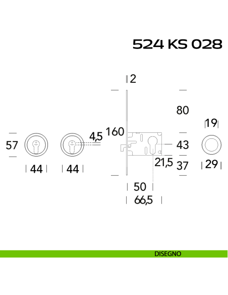 Kit placche incasso tonde con foro yale Reguitti 524 con frontalino di trascinamento e serratura 028SR disegno