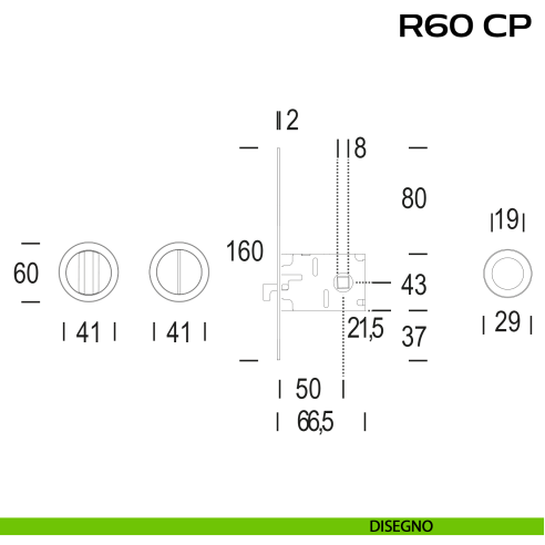 Kit placche incasso tonde con nottolino Reguitti R60 con frontalino di trascinamento e serratura 026SR disegno