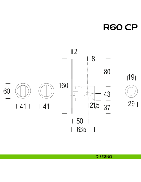 Kit placche incasso tonde con nottolino Reguitti R60 con frontalino di trascinamento e serratura 026SR disegno