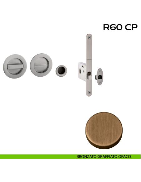 Kit placche incasso tonde con nottolino Reguitti R60 con frontalino di trascinamento e serratura 026SR bronzato