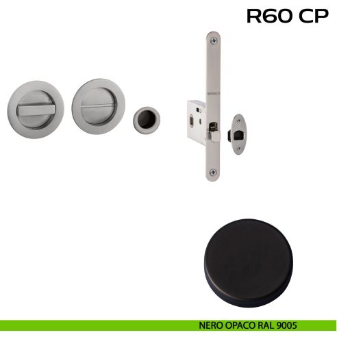 Kit placche incasso tonde con nottolino Reguitti R60 con frontalino di trascinamento e serratura 026SR nero