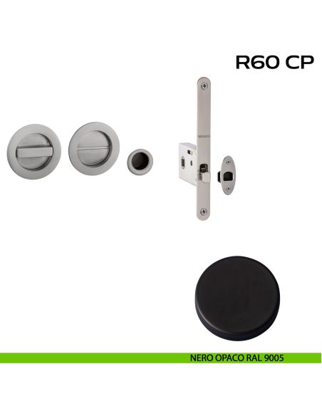 Kit placche incasso tonde con nottolino Reguitti R60 con frontalino di trascinamento e serratura 026SR nero