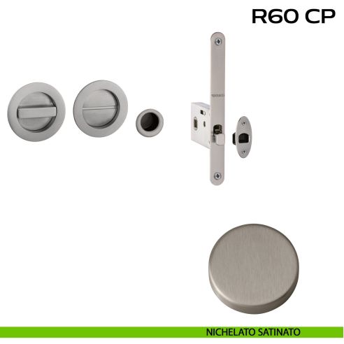 Kit placche incasso tonde con nottolino Reguitti R60 con frontalino di trascinamento e serratura 026SR nichelato