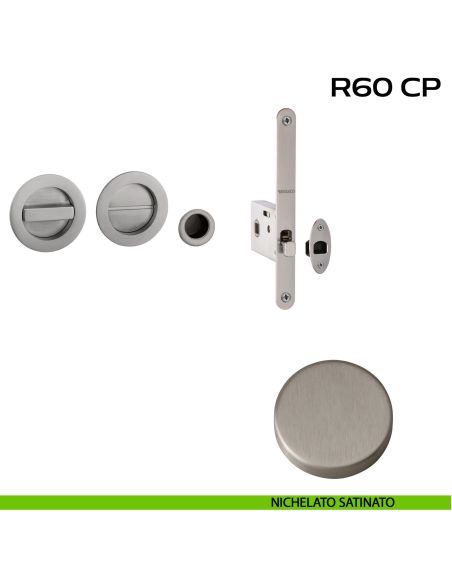 Kit placche incasso tonde con nottolino Reguitti R60 con frontalino di trascinamento e serratura 026SR nichelato
