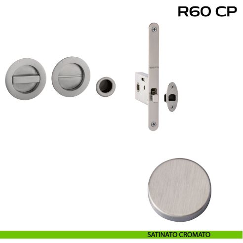 Kit placche incasso tonde con nottolino Reguitti R60 con frontalino di trascinamento e serratura 026SR satinato