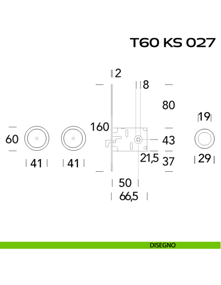 Kit placche incasso tonde con foro chiave a spillo Reguitti T60 con frontalino di trascinamento e serratura 027SR disegno
