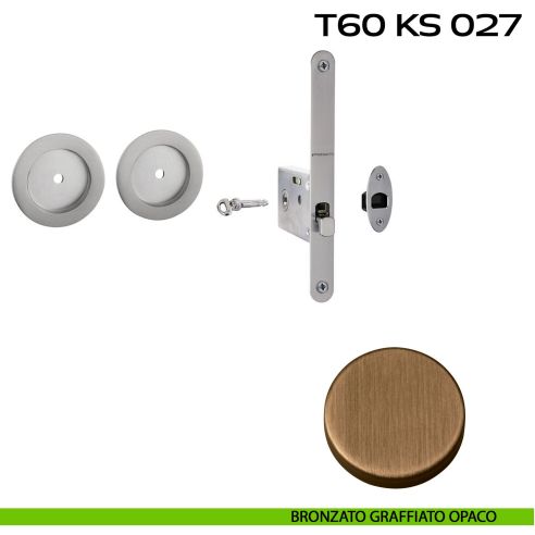 Kit placche incasso tonde con foro chiave a spillo Reguitti T60 con frontalino di trascinamento e serratura 027SR bronzato