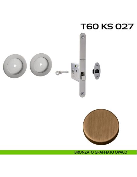 Kit placche incasso tonde con foro chiave a spillo Reguitti T60 con frontalino di trascinamento e serratura 027SR bronzato