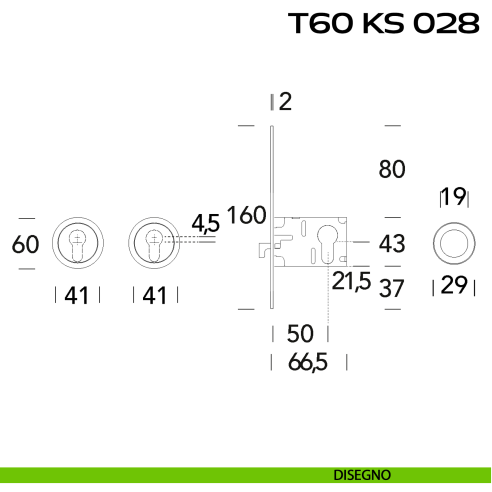 Kit placche incasso tonde con foro yale Reguitti T60 con frontalino di trascinamento e serratura 028SR disegno