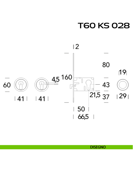Kit placche incasso tonde con foro yale Reguitti T60 con frontalino di trascinamento e serratura 028SR disegno