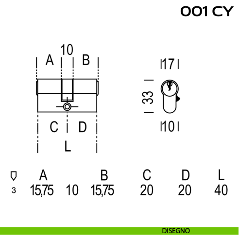 Cilindro Yale lunghezza 40 mm Reguitti 001 CY disegno