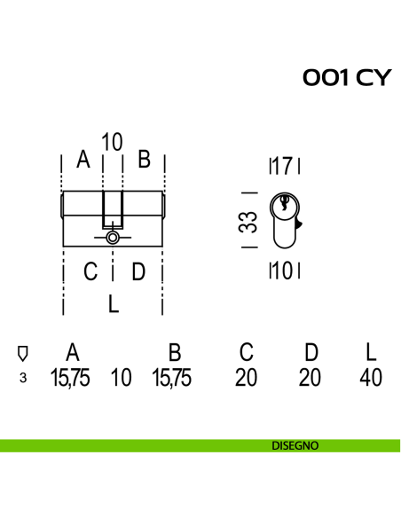 Cilindro Yale lunghezza 40 mm Reguitti 001 CY disegno
