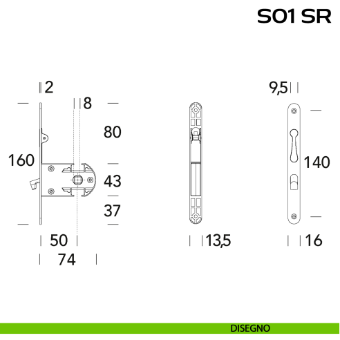 Serratura per porte scorrevoli con trascinatore integrato nel frontale Reguitti S01SR disegno