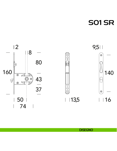 Serratura per porte scorrevoli con trascinatore integrato nel frontale Reguitti S01SR disegno