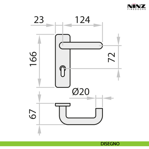Maniglia M1 E con Led su placca per porte tagliafuoco Proget e Univer Ninz 3101050.021 - disegno