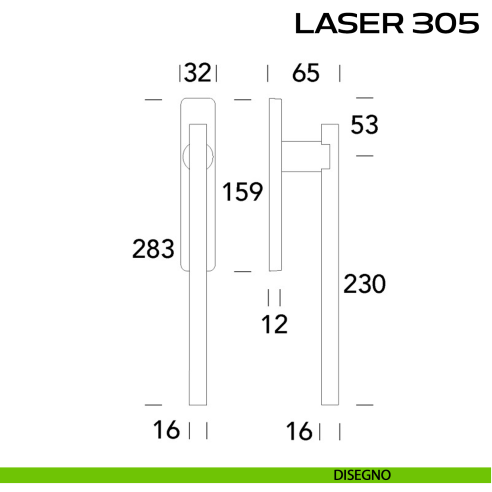 Maniglione per alzante scorrevole Laser 305 singolo senza nicchia disegno