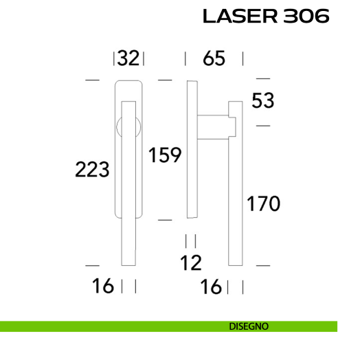 Maniglione per alzante scorrevole Laser Corto 306 Reguitti accoppiato disegno