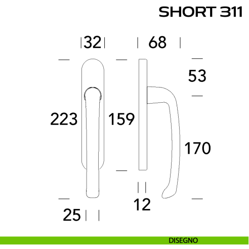 Maniglione per alzante scorrevole Short 311 Reguitti accoppiato disegno