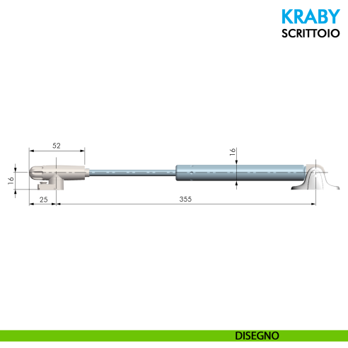 Pistone a gas per scrittoio Ferramenta Livenza Kraby apertura ammortizzata lunghezza 360 mm disegno