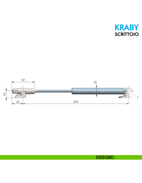 Pistone a gas per scrittoio Ferramenta Livenza Kraby apertura ammortizzata lunghezza 360 mm disegno