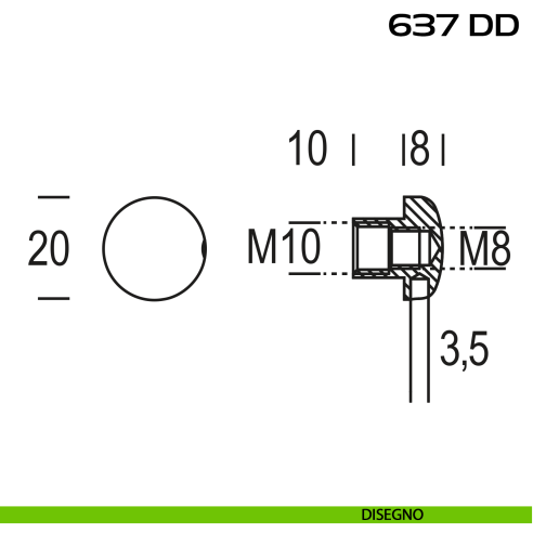 Dado diametro 20 mm con doppio filetto per troncone Reguitti 637DD disegno