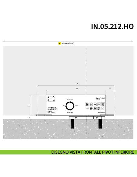 Cerniera pivot idraulica per porta a bilico JNF IN.05.212.HO chiusura automatica portata 200 kg Satinato - disegno