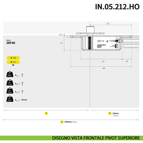 Cerniera pivot idraulica per porta a bilico JNF IN.05.212.HO chiusura automatica portata 200 kg Satinato - disegno