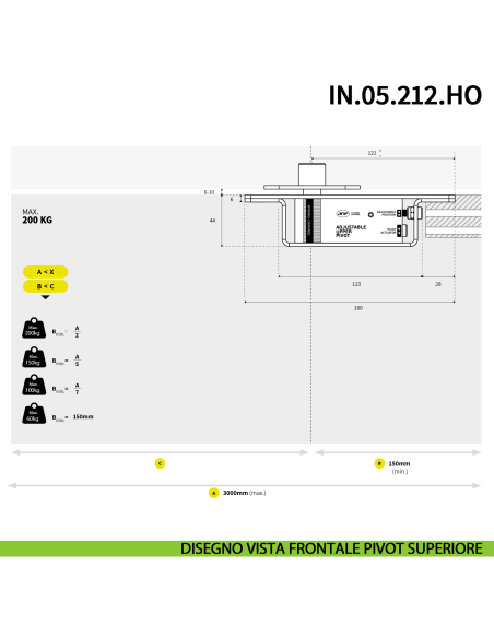 Cerniera pivot idraulica per porta a bilico JNF IN.05.212.HO chiusura automatica portata 200 kg Satinato - disegno