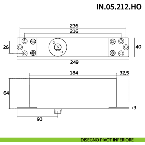 Cerniera pivot idraulica per porta a bilico JNF IN.05.212.HO chiusura automatica portata 200 kg Satinato - disegno