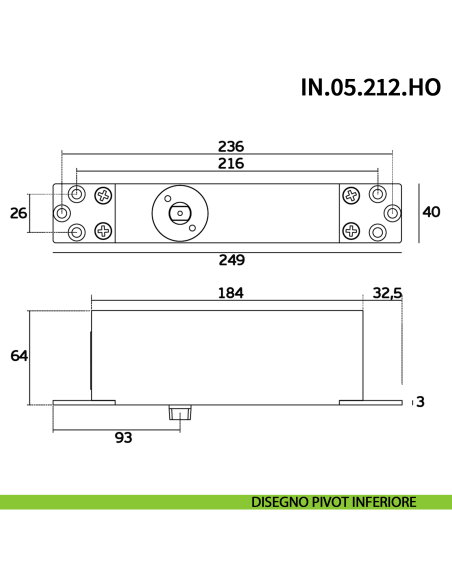 Cerniera pivot idraulica per porta a bilico JNF IN.05.212.HO chiusura automatica portata 200 kg Satinato - disegno