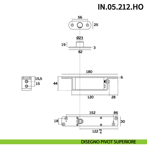 Cerniera pivot idraulica per porta a bilico JNF IN.05.212.HO chiusura automatica portata 200 kg Satinato - disegno