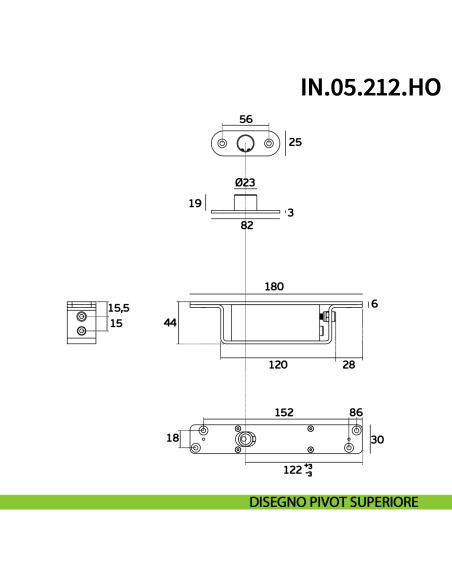 Cerniera pivot idraulica per porta a bilico JNF IN.05.212.HO chiusura automatica portata 200 kg Satinato - disegno
