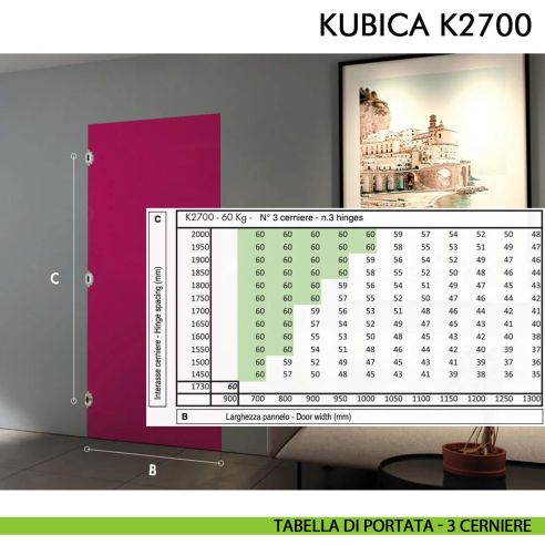 Cerniera a scomparsa per porta Koblenz K2700 cromo satinato - disegno portata 3 cerniere