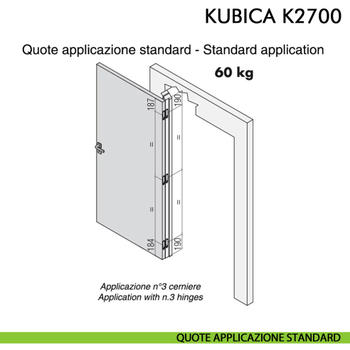 Cerniera a scomparsa per porta Koblenz K2700 cromo satinato - disegno quote applicazione standard