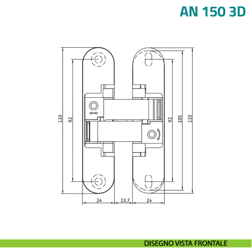 Cerniera invisibile ottone satinato regolabile per porta Anselmi AN 150 3D - disegno vista frontale