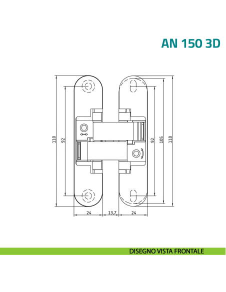 Cerniera invisibile ottone satinato regolabile per porta Anselmi AN 150 3D - disegno vista frontale