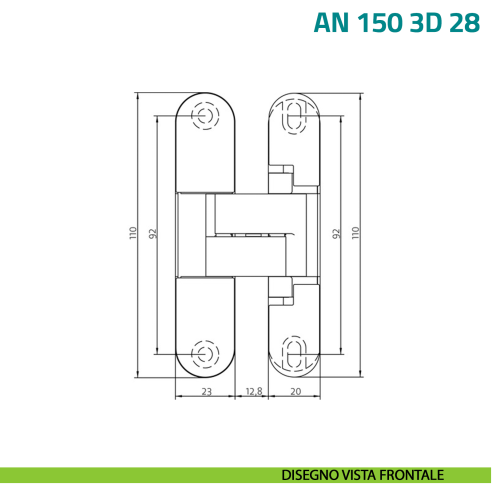 Cerniera a scomparsa regolabile per porta a filo con battuta di spessore 28 mm Anselmi AN 150 3D 28 - disegno