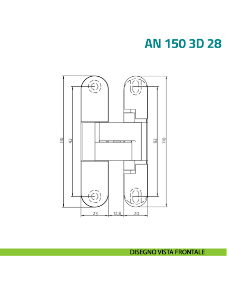 Cerniera a scomparsa regolabile per porta a filo con battuta di spessore 28 mm Anselmi AN 150 3D 28 - disegno