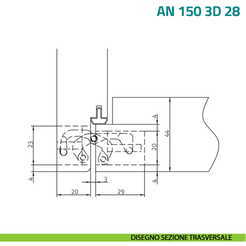 Cerniera a scomparsa regolabile per porta a filo con battuta di spessore 28 mm Anselmi AN 150 3D 28 - disegno