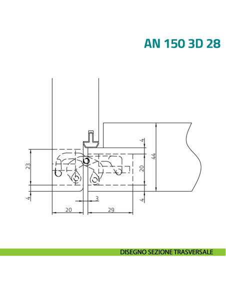 Cerniera a scomparsa regolabile per porta a filo con battuta di spessore 28 mm Anselmi AN 150 3D 28 - disegno
