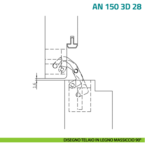 Cerniera a scomparsa regolabile per porta a filo con battuta di spessore 28 mm Anselmi AN 150 3D 28 - disegno