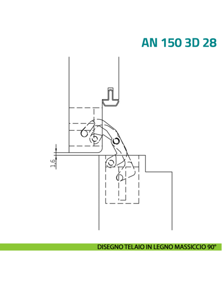 Cerniera a scomparsa regolabile per porta a filo con battuta di spessore 28 mm Anselmi AN 150 3D 28 - disegno