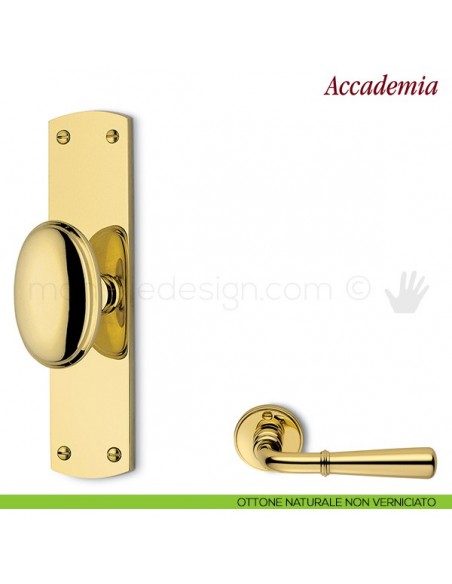 Maniglia per finestra cremonese Accademia Antologhia con placca bassa ottone naturale non verniciato