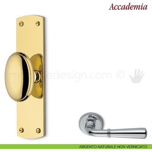 Maniglia per finestra cremonese Accademia Antologhia con placca bassa argento naturale non verniciato