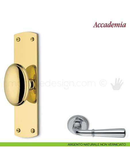 Maniglia per finestra cremonese Accademia Antologhia con placca bassa argento naturale non verniciato