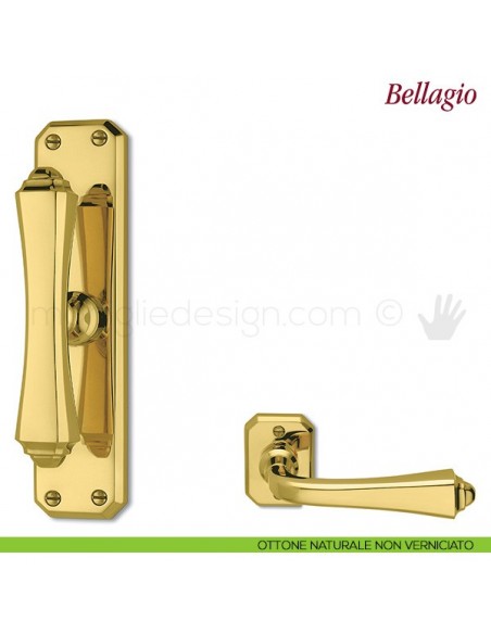 Maniglia per finestra cremonese Bellagio Antologhia con placca bassa ottone naturale non verniciato