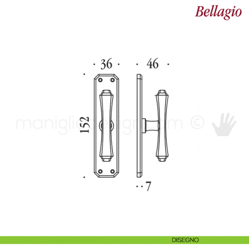 Maniglia per finestra cremonese Bellagio Antologhia con placca bassa disegno