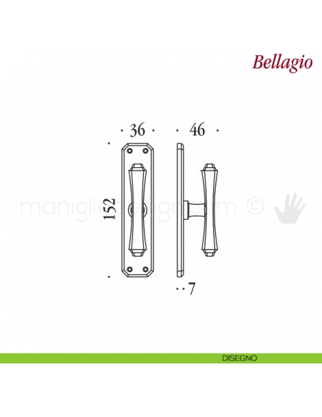 Maniglia per finestra cremonese Bellagio Antologhia con placca bassa disegno