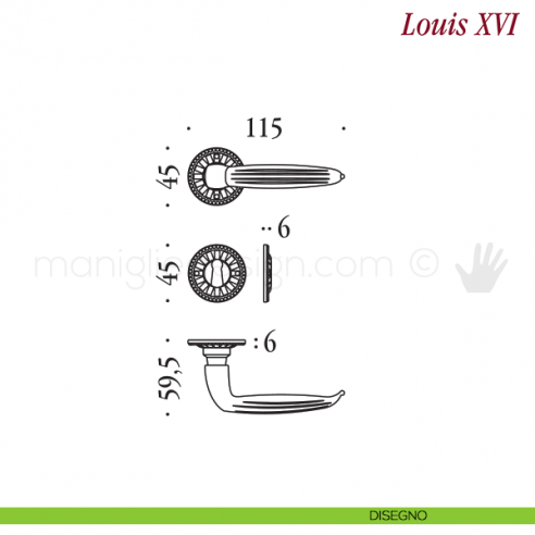 Maniglia per porta Louis XVI Antologhia con molla patent disegno