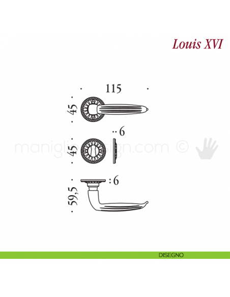 Maniglia per porta Louis XVI Antologhia con molla patent disegno